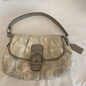 Coach Purse SOHO Optic Signature Linen Flap Gray/Peach with Leather Trim